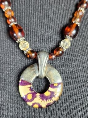 Boho Black Yellow Round Pendant Necklace with Beaded Strand 20"